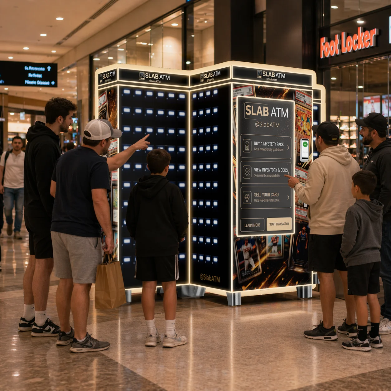 Slab ATM machine in a shopping mall with people gathered around it
